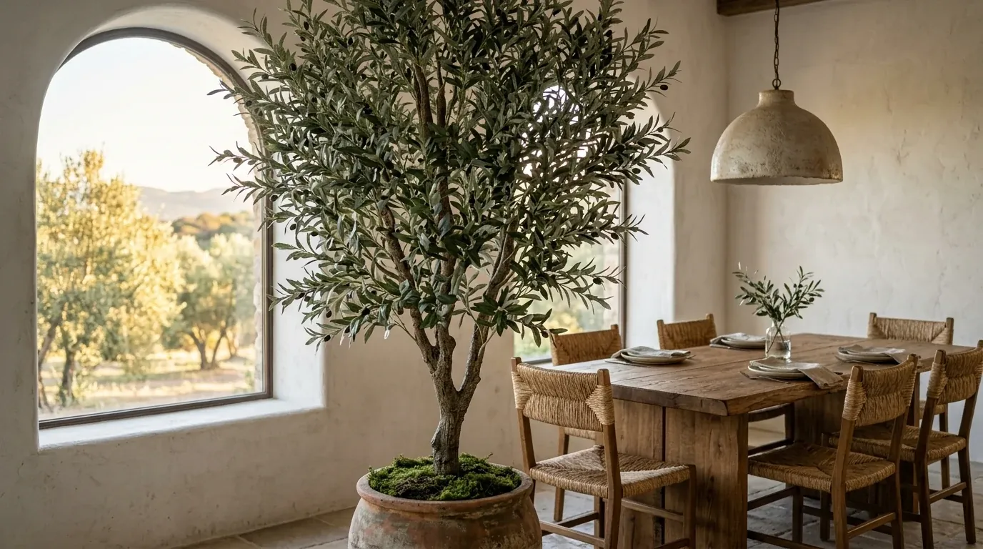 A large artificial olive tree in a ceramic pot anchoring the corner of a warm Mediterranean dining room with a solid oak table and rush-seat chairs