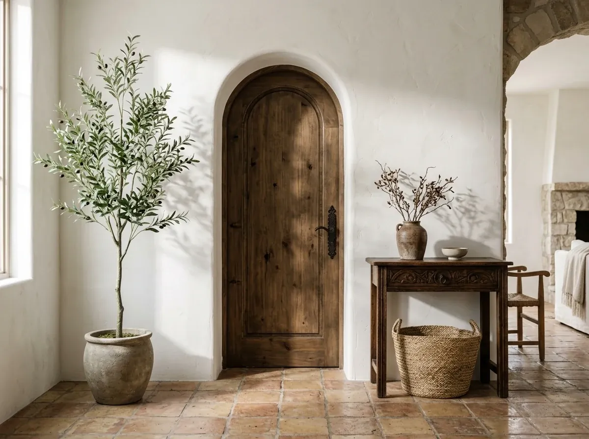 A slender faux olive tree in a matte stone planter beside an arched plaster doorway with terracotta zellige tile in a Mediterranean entryway