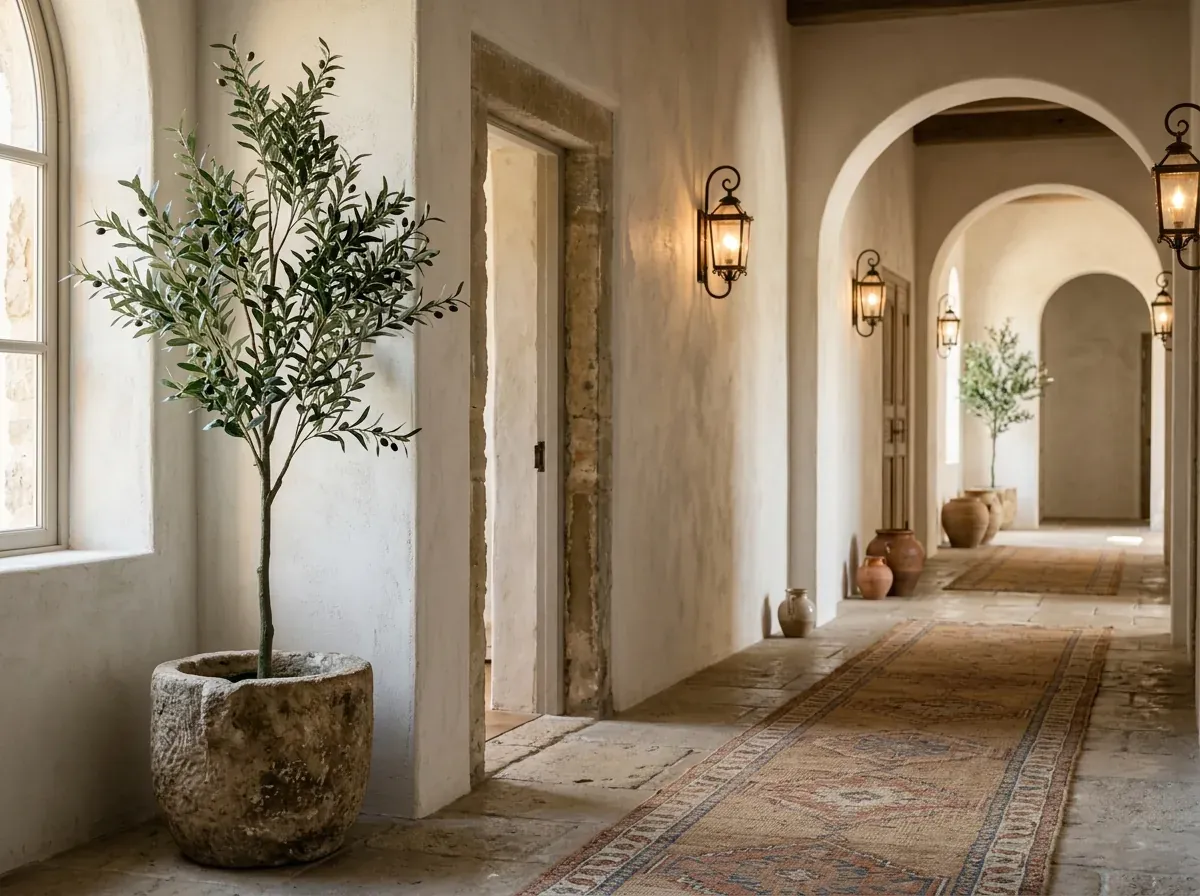 A slim faux olive tree in a tall stone planter along a long Mediterranean hallway with limewash walls, an arched passage and a runner rug