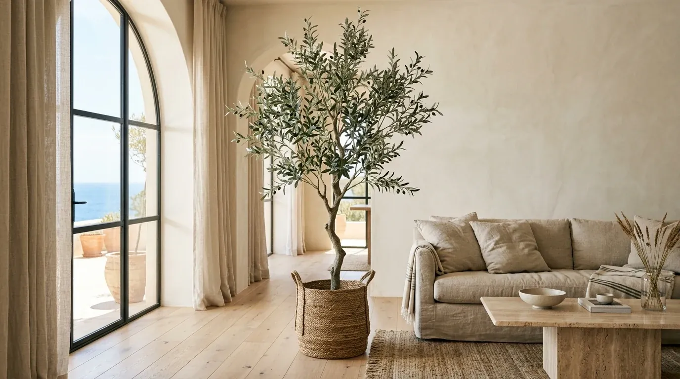 A tall faux olive tree in a woven basket planter in a bright Mediterranean-modern living room with limewash walls, a linen sofa and an arched window overlooking the sea