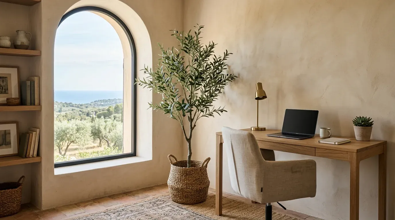 A faux olive tree in a woven basket beside a calm Mediterranean-modern home office with an oak desk, linen chair and open shelving