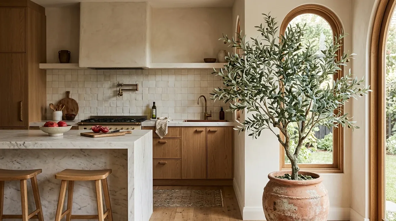 A potted faux olive tree at the end of a warm Mediterranean-modern kitchen with a plaster range hood, oak cabinetry and cream tile backsplash