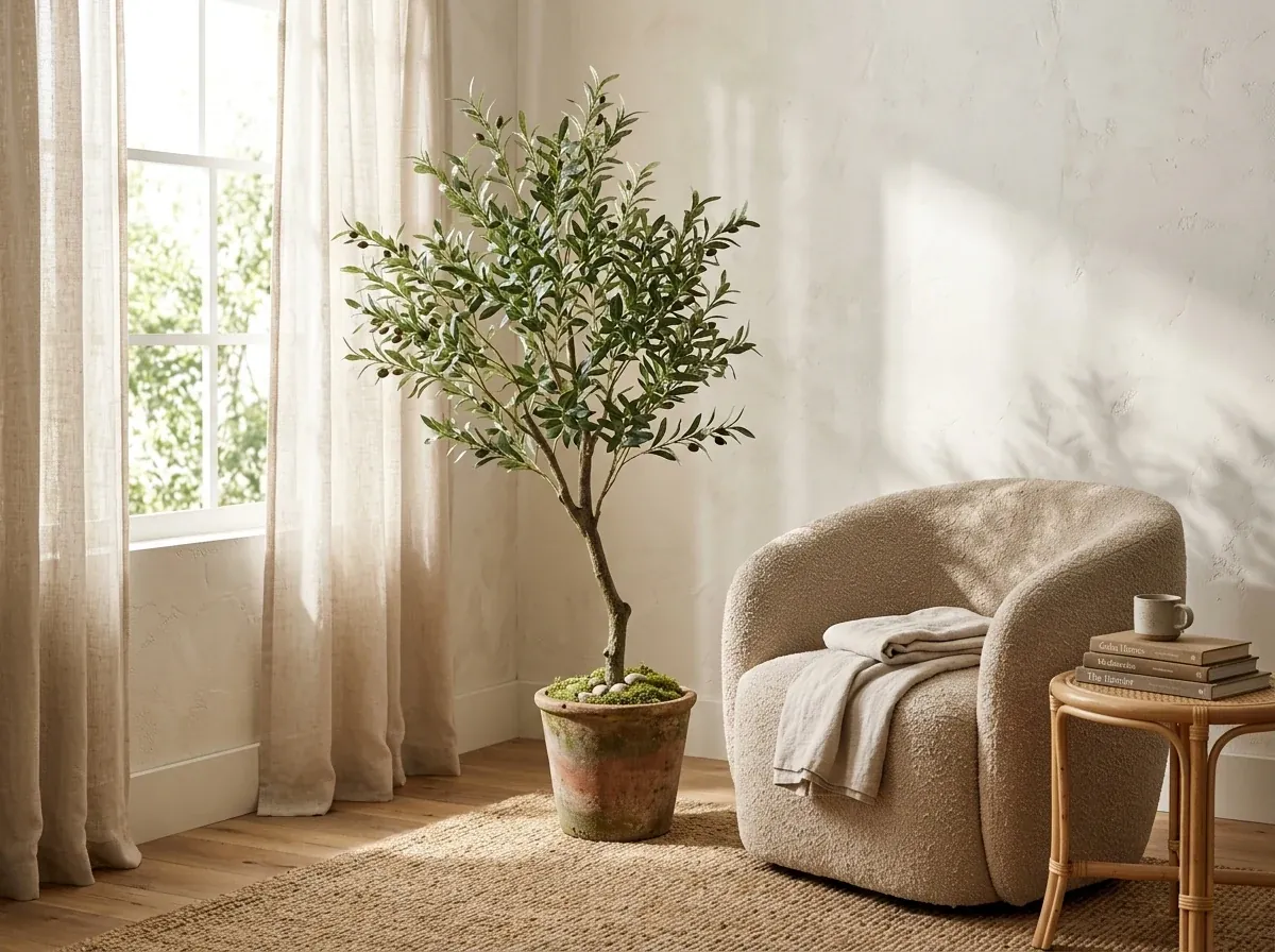 An artificial olive tree in an aged terracotta pot beside a boucle armchair in a sunny living-room corner, with sheer linen curtains and a jute rug