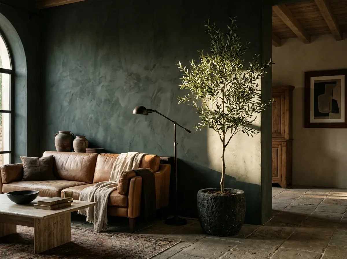 A faux olive tree in a dark stone planter catching a shaft of light in a moody Mediterranean living room with deep charcoal-green plaster and a caramel leather sofa