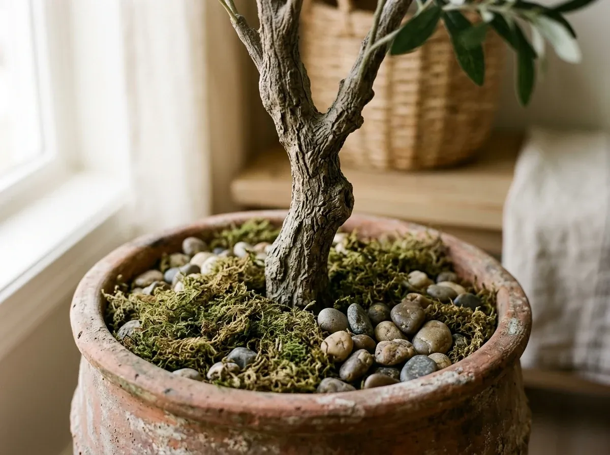 Close-up of the base of a faux olive tree showing a gnarled trunk emerging from dried sheet moss and river stones in an aged terracotta pot