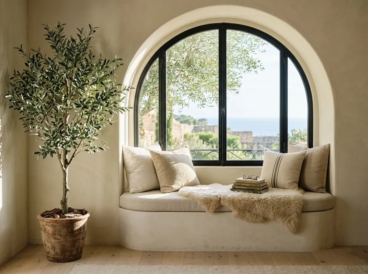 A faux olive tree beside an arched-window reading nook with a built-in bench, linen cushions and dappled Mediterranean light