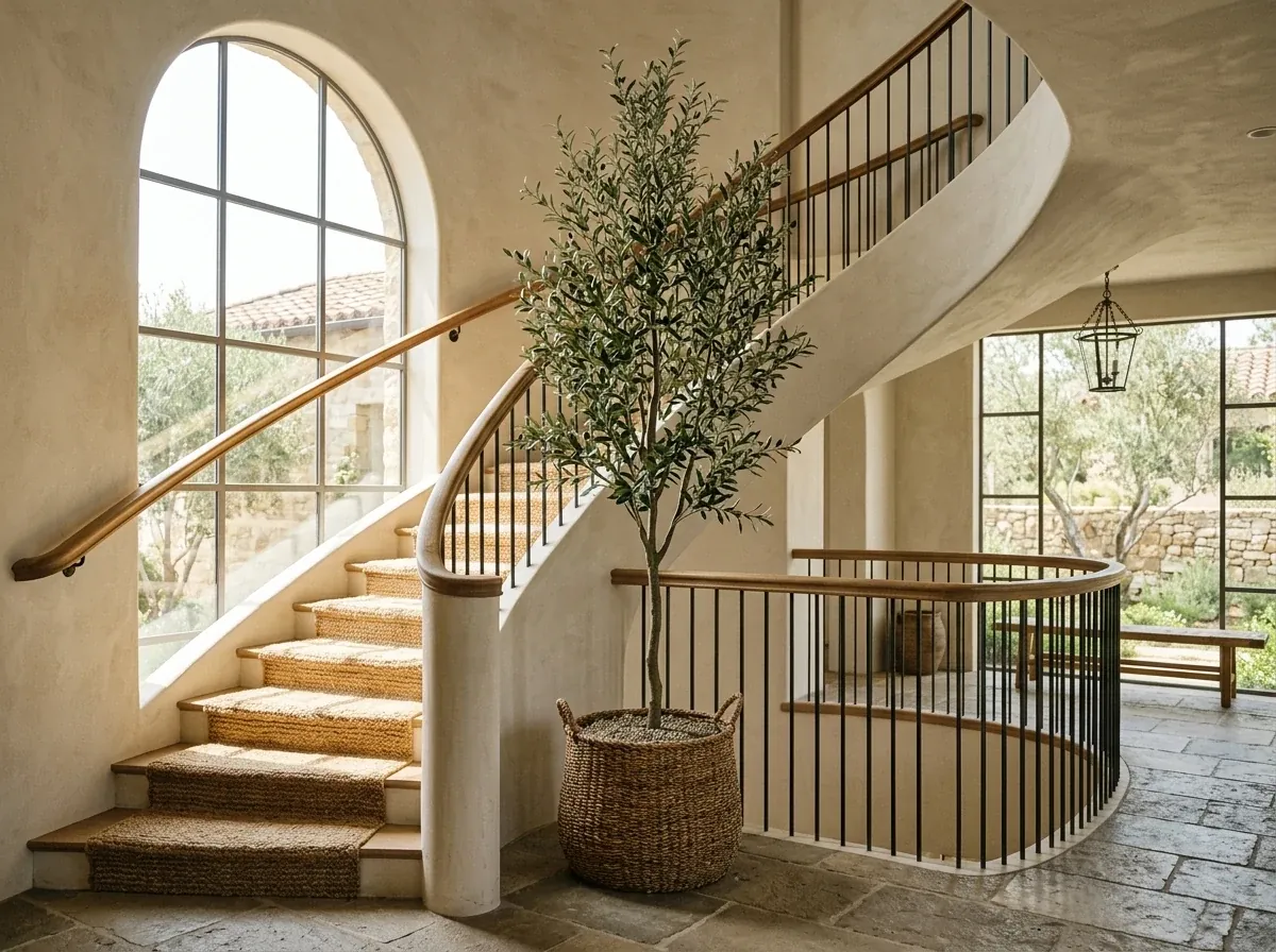 A tall faux olive tree in a basket planter beside a curved plaster staircase in a double-height Mediterranean-modern entry