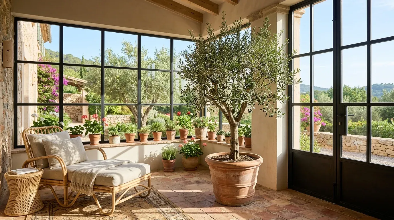 A real olive tree thriving in a bright, sun-drenched Mediterranean sunroom with two walls of glazing, terracotta floor tiles and a rattan lounge chair