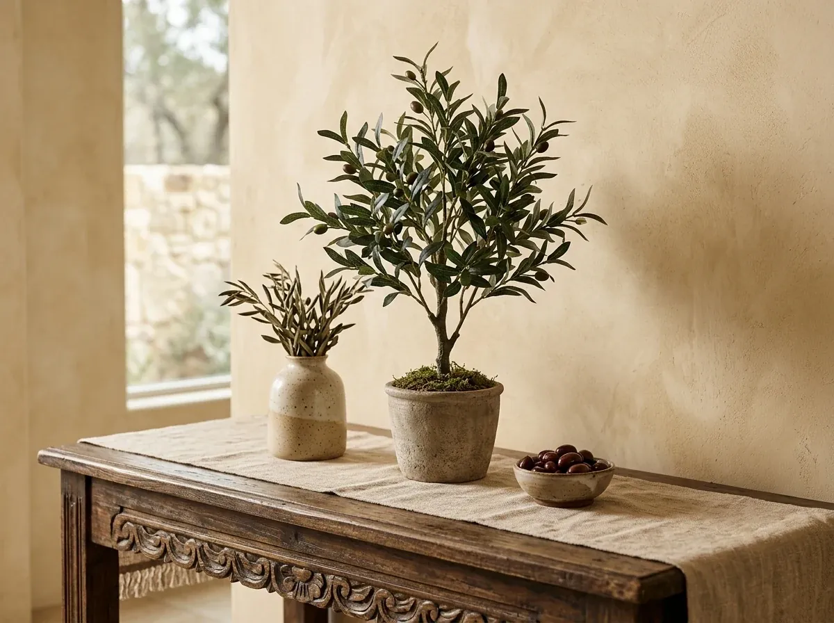 A small tabletop faux olive tree in a stoneware pot on a carved wooden console, styled with a linen runner, ceramic vase and a bowl of olives