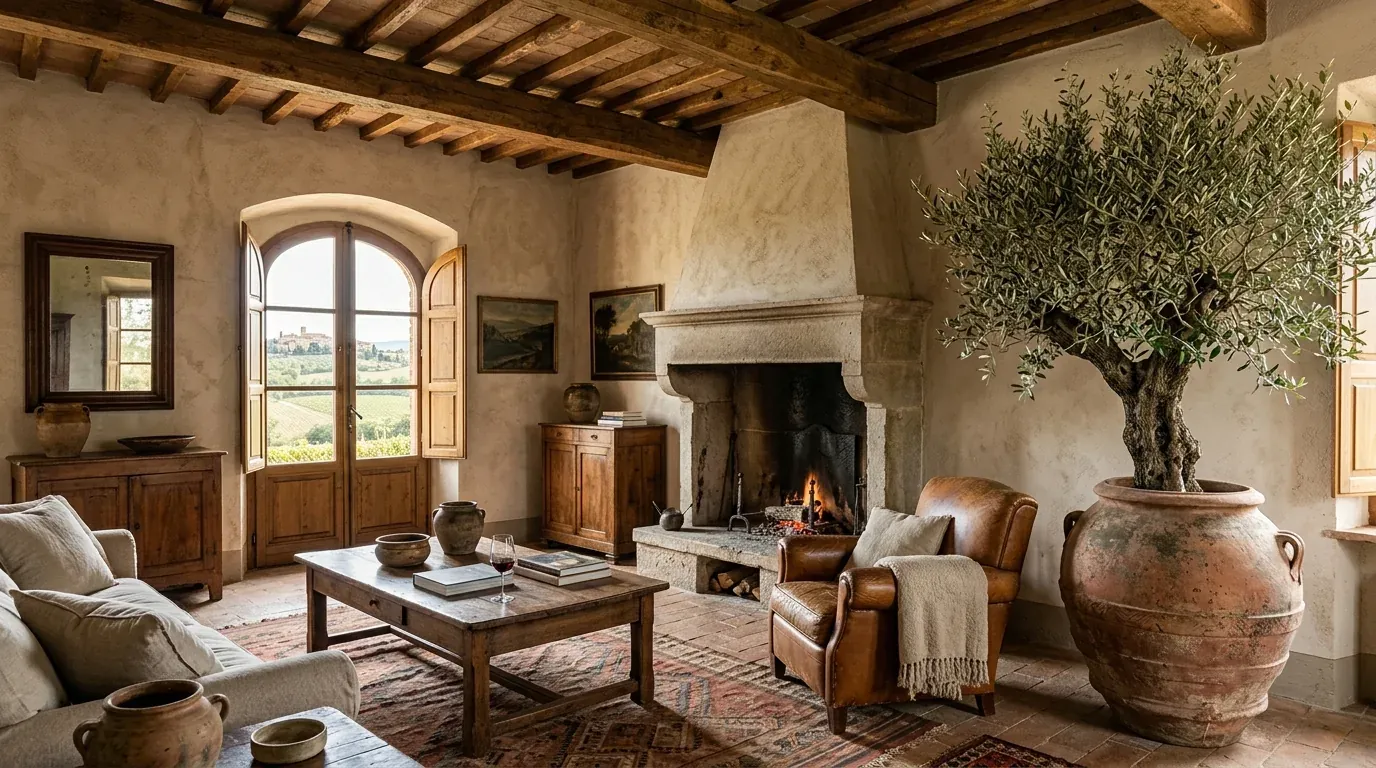 A large olive tree in an aged terracotta urn in a rustic Tuscan farmhouse living room with exposed beams, a stone fireplace and a worn leather armchair