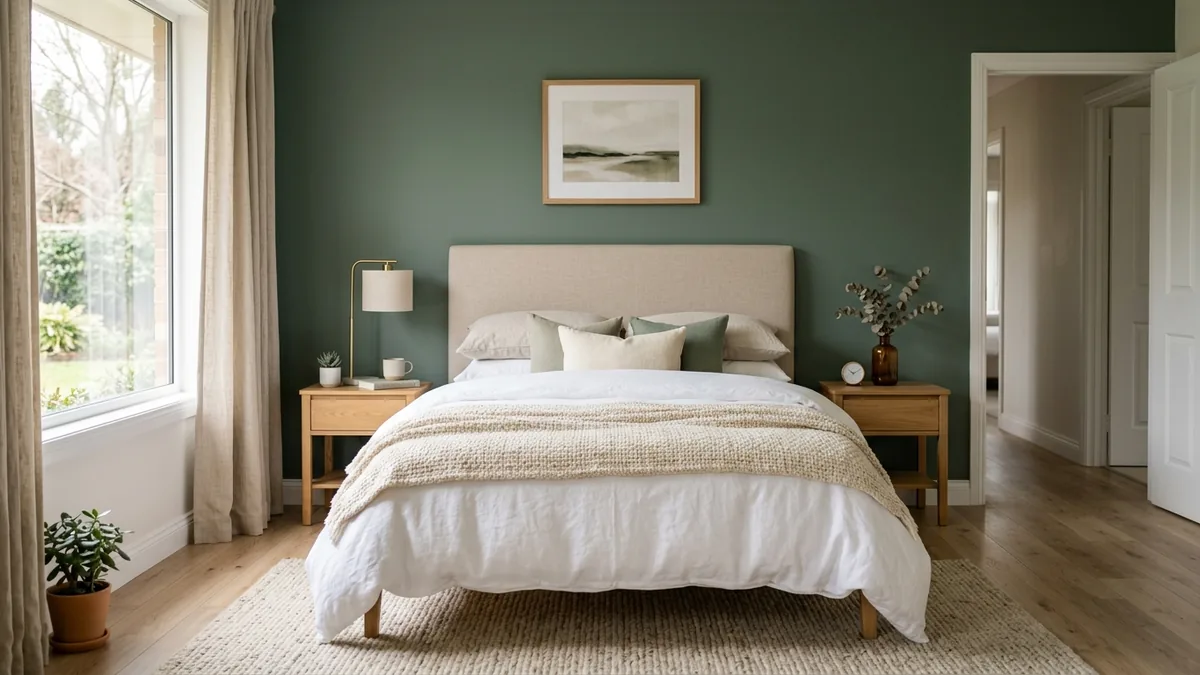 Bedroom feature wall in deep sage green behind an upholstered headboard with white linen bedding and light oak furniture