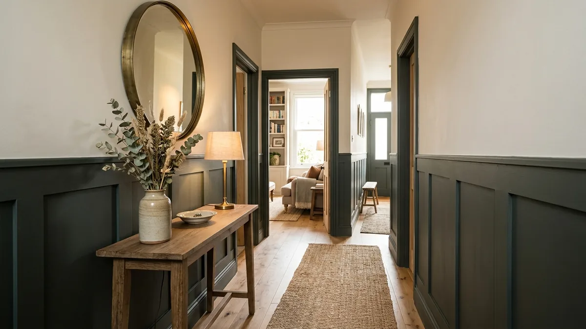 Narrow hallway feature wall with Shaker panelling to dado height painted deep charcoal-green below a warm-white wall, with an oak console, round brass mirror, and a jute runner