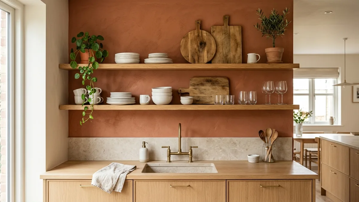 Kitchen feature wall in warm terracotta behind open wood shelving, making white dishes, wooden boards, and green plants stand out