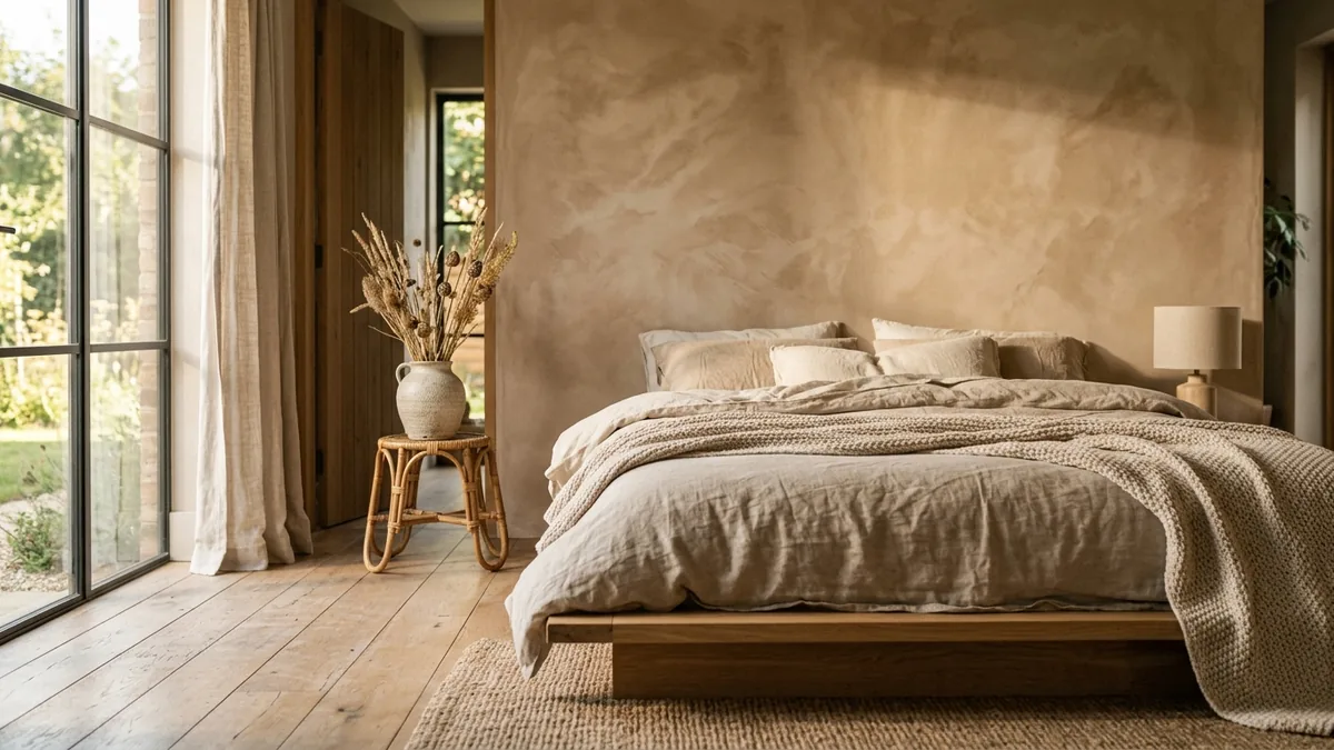 Bedroom limewash feature wall in warm clay behind a low platform bed showing the soft uneven plaster texture in afternoon light