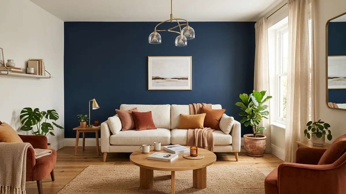 Living room feature wall painted deep navy behind a cream sofa with warm oak floors, a brass pendant light, and terracotta cushions