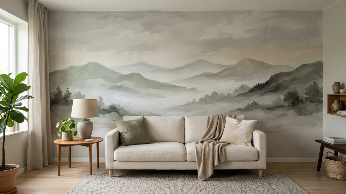 Living room feature wall with a full-wall panoramic misty-mountain mural in muted sage and warm beige tones behind a cream sofa