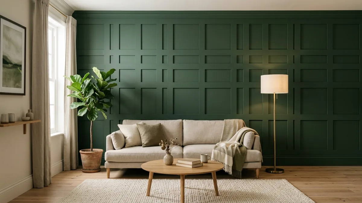 Living room feature wall in Shaker-style square MDF panelling drenched in deep forest green from skirting to ceiling, behind an oatmeal linen sofa