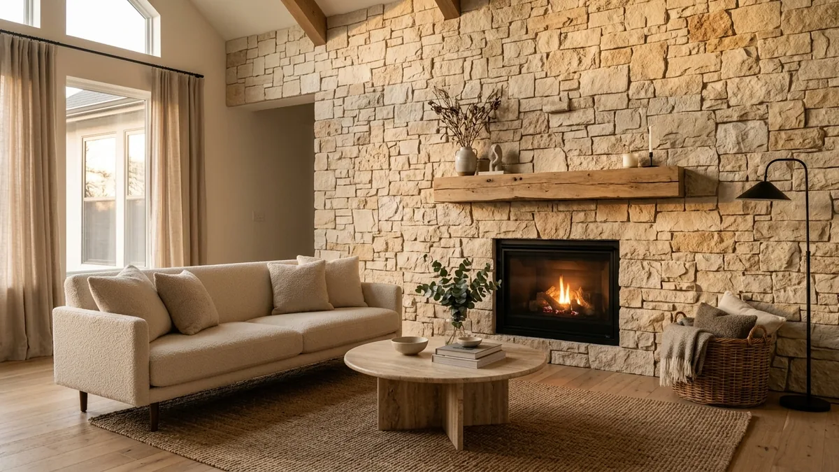Floor-to-ceiling stacked stone feature wall behind a fireplace in warm cream and travertine tones with a chunky oak mantel and a glowing hearth