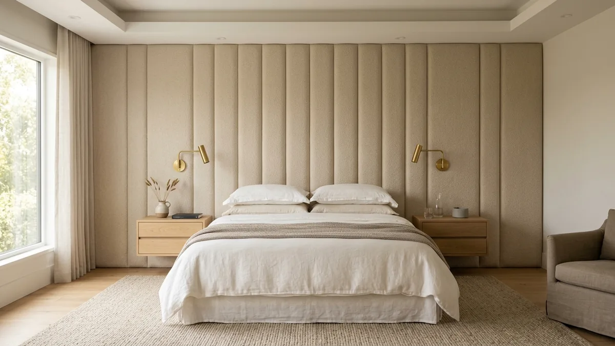 Bedroom feature wall fully upholstered in vertical oatmeal boucle panels behind a king bed with white linen bedding, brass wall reading lights, and oak nightstands