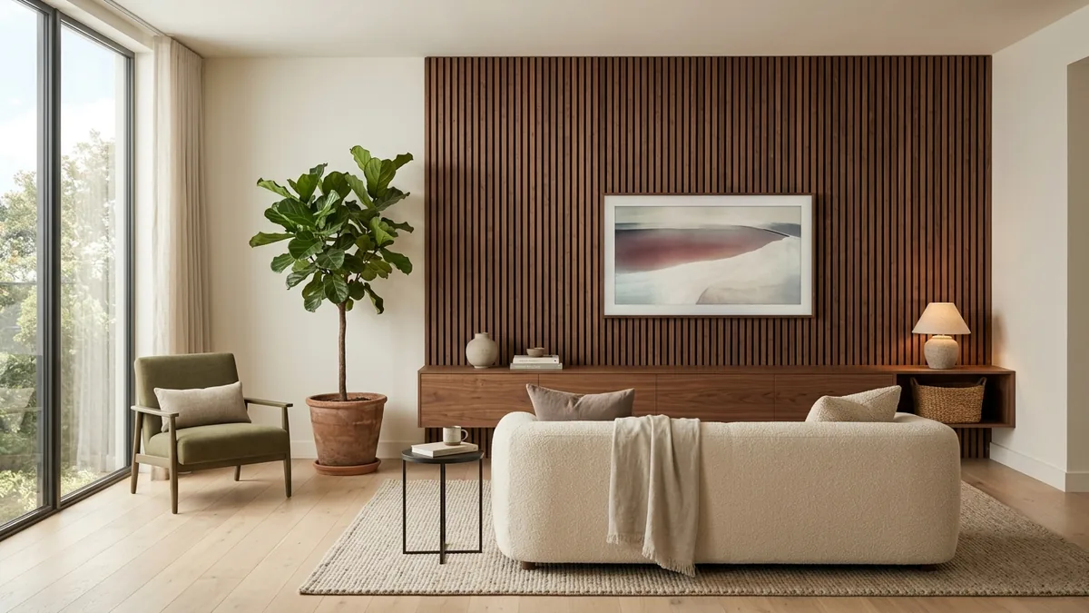 Living room wood slat feature wall in walnut behind a wall-mounted TV and floating media console with warm ambient lighting