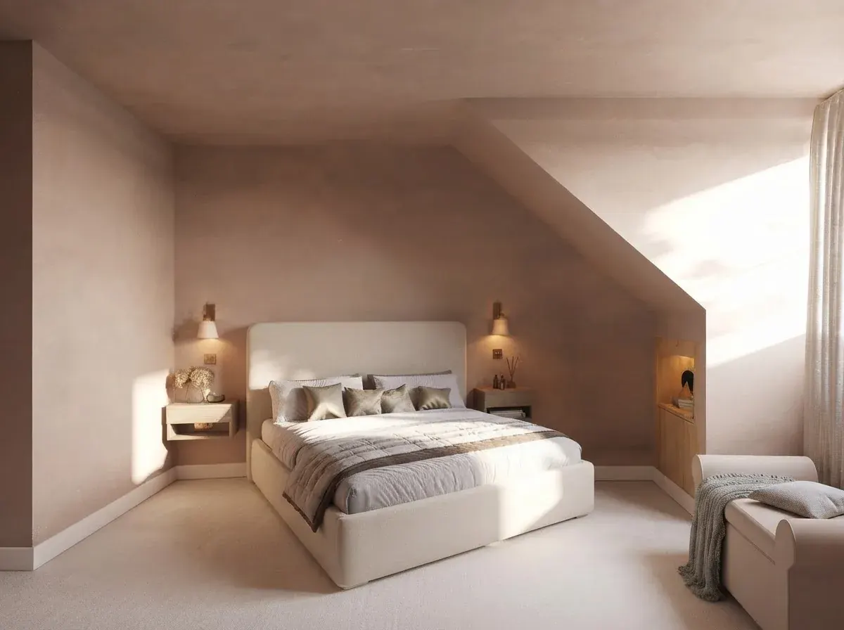 Blush attic bedroom render with an upholstered bed on the full height wall, the sloped ceiling kept beside it, matching wall sconces and floating nightstands on both sides