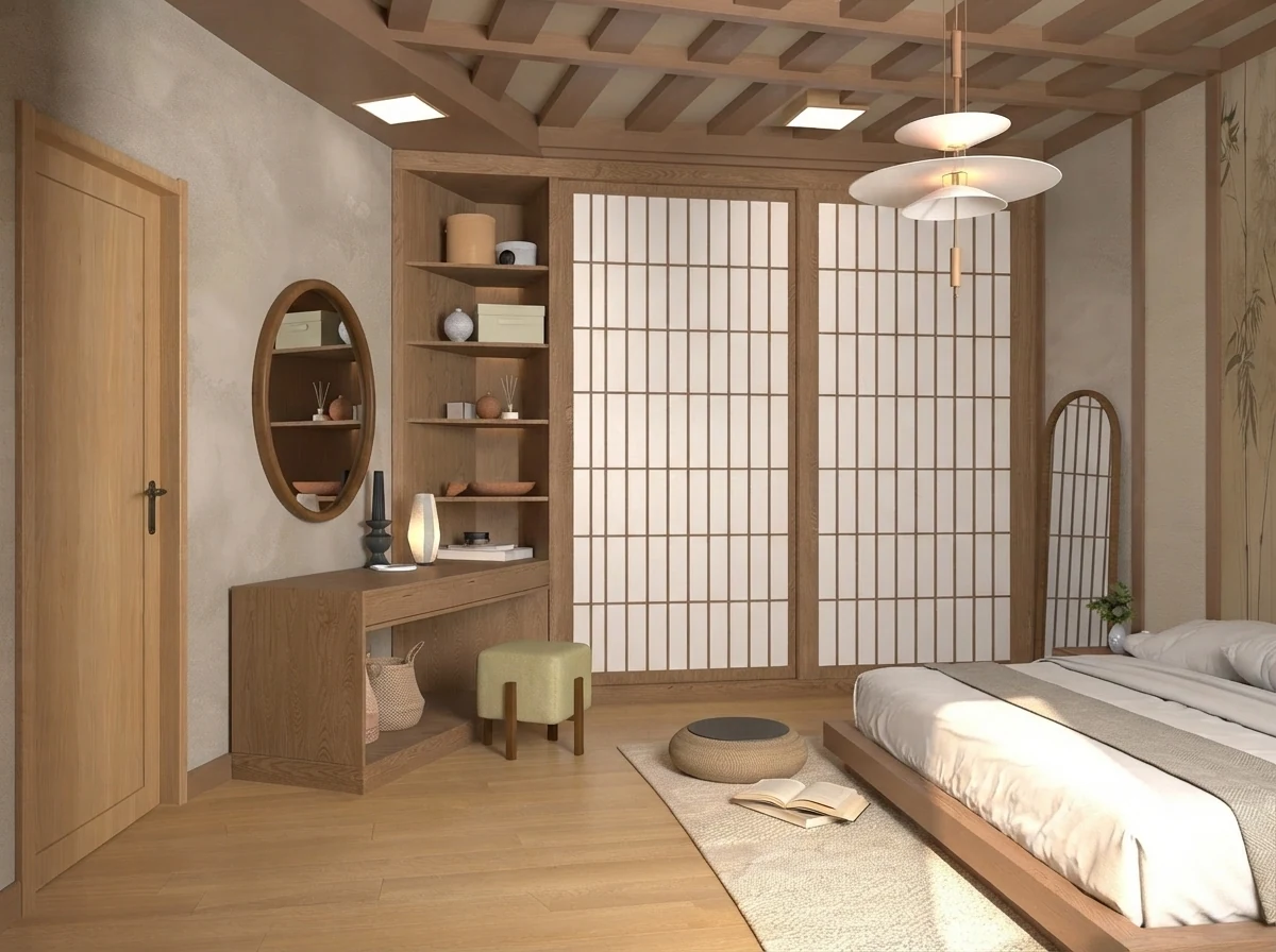 Japandi chalet bedroom render with a low platform bed positioned diagonally across the room from the paneled door, bamboo mural wall behind the headboard and shoji screens filtering the light
