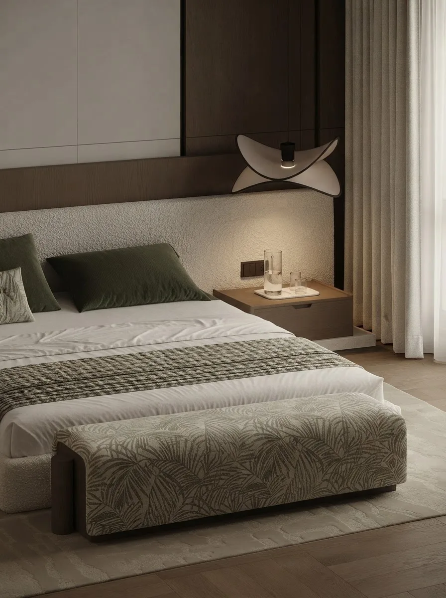 Minimal bedroom render with olive green pillows, a cream boucle headboard panel, a walnut nightstand and a leaf print bench at the foot of the bed