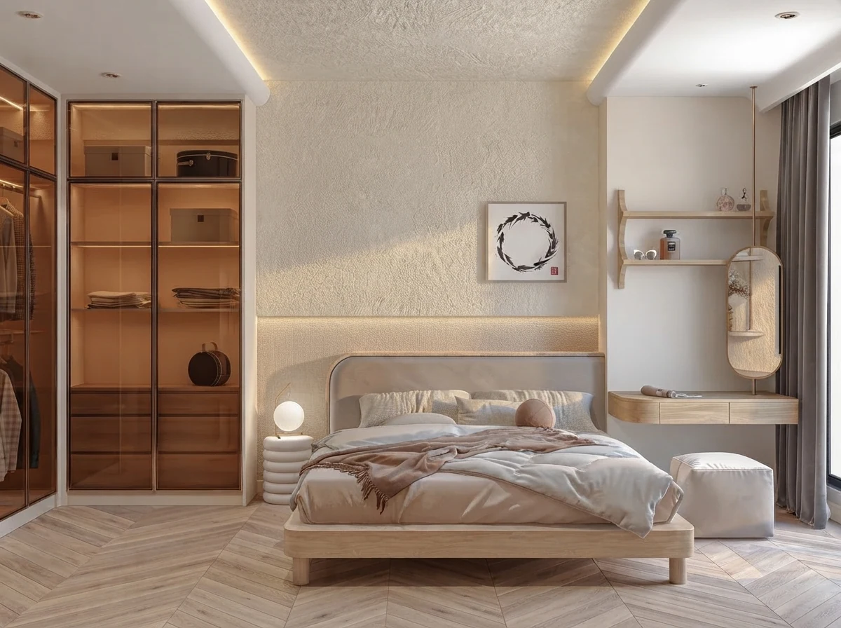 Cream bedroom render with a curved boucle bed against a textured plaster wall, backlit glass wardrobe on the side wall out of the sightline from the pillow