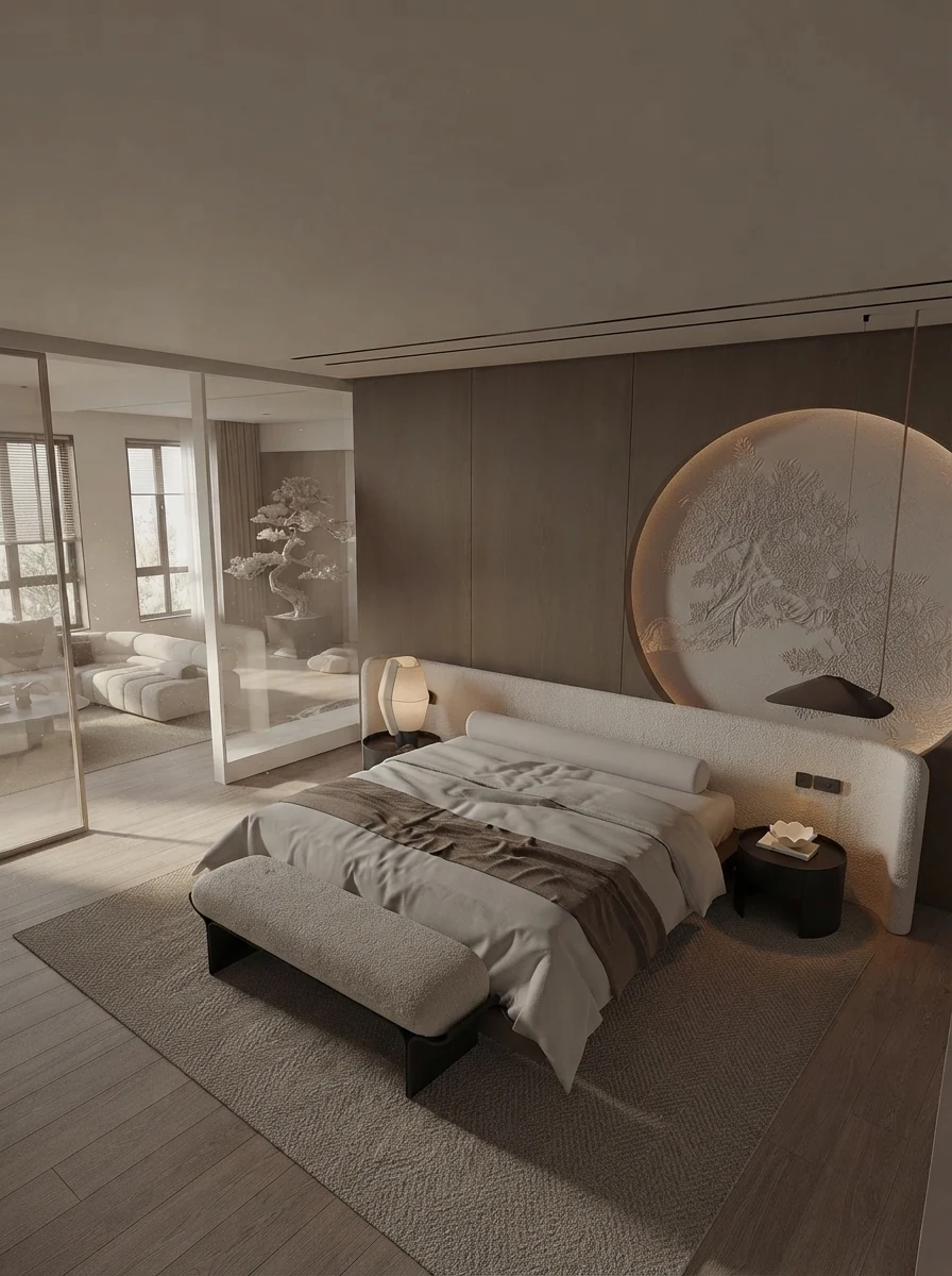 Japandi bedroom render with a backlit embossed circle above the boucle headboard, bonsai by the window and stone side tables