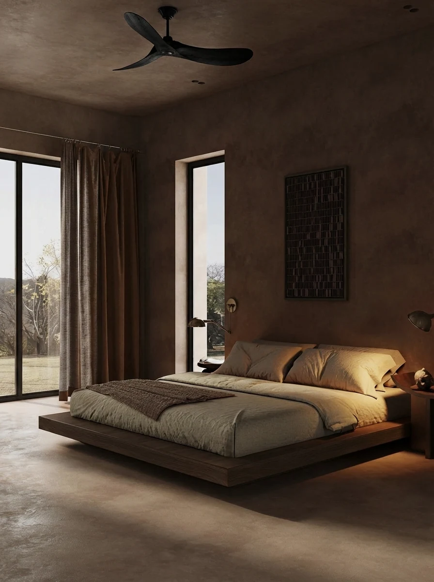 Wabi sabi bedroom render with a low platform bed on clay plaster walls, linen curtains on the garden window and a ceiling fan