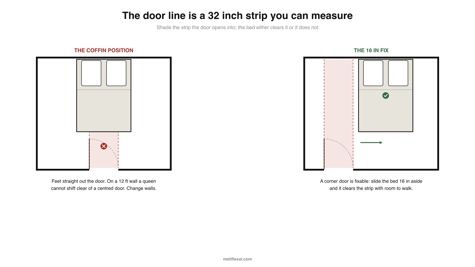 Two floor plans comparing the coffin position, a bed centered opposite a centered door inside the shaded 32 inch door line strip marked with a red cross, and the fix, the same bed beside a corner door slid 16 inches out of the shaded strip marked with a green check