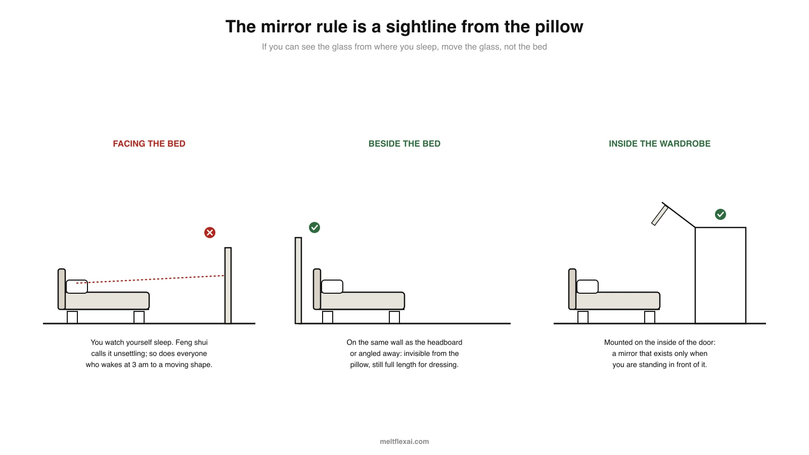 Three side elevation drawings of a bed and mirror, a mirror on the opposite wall facing the bed marked wrong with a red sightline from the pillow, a mirror beside the headboard marked right, and a mirror mounted inside an open wardrobe door marked right