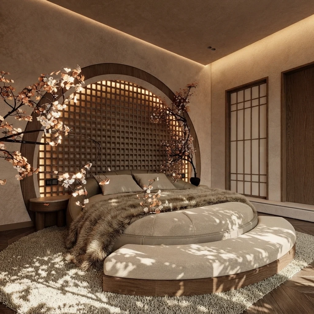 Sculptural bedroom render with a round bed centered under a timber lattice arch, curved plaster walls, an indoor maple tree and warm cove lighting