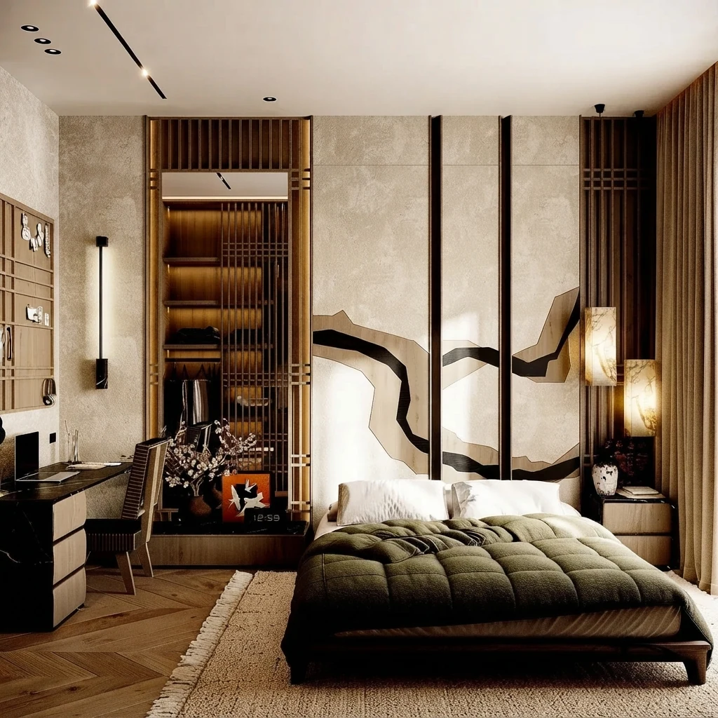 Japandi bedroom render with a sage green quilted bed against an ink art feature wall, slatted wardrobe screen beside the window and chevron oak floor