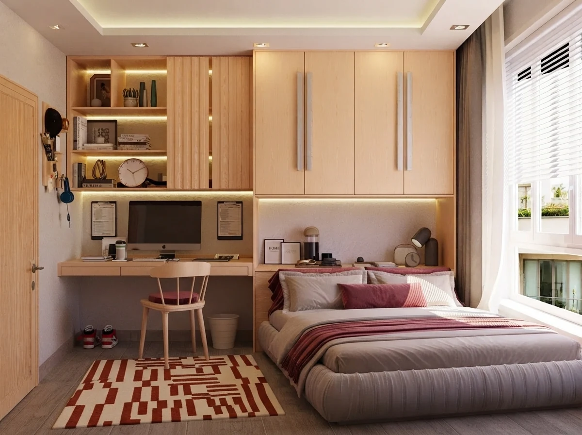 Compact 10 square meter bedroom render with the bed against the far wall in view of the paneled door, built in desk beside the doorway, red geometric rug and warm wood storage