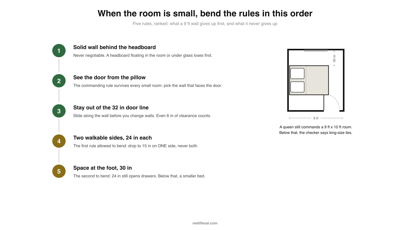Numbered priority ladder for small bedroom feng shui, solid wall behind the headboard first, seeing the door second, staying out of the 32 inch door line third, then side clearances and foot space as the rules allowed to bend, beside a 9 by 10 foot plan where a queen still commands the room