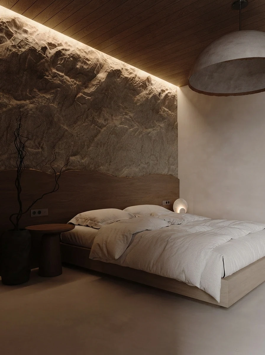 Zen bedroom render with a raw sculpted stone feature wall behind the bed, dome pendant light and white bedding, an earth tone palette