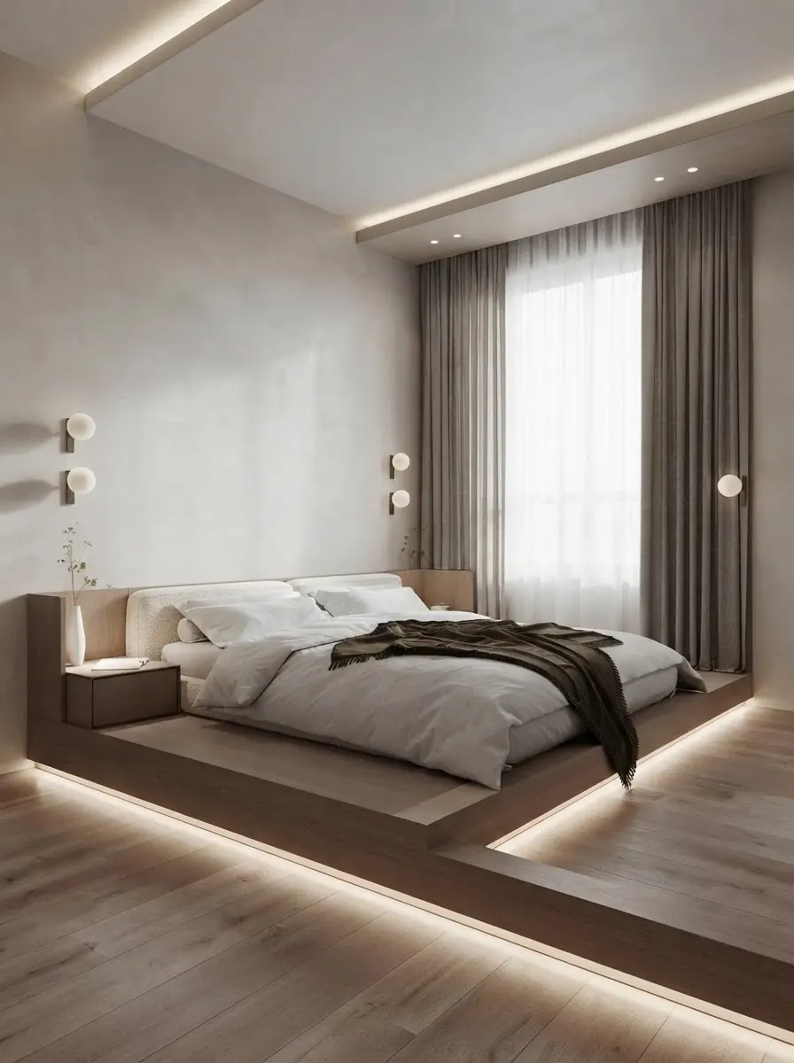 Warm plaster bedroom render with a low platform bed lit from below, pale clay walls, sheer curtains and paired wall lights on both sides
