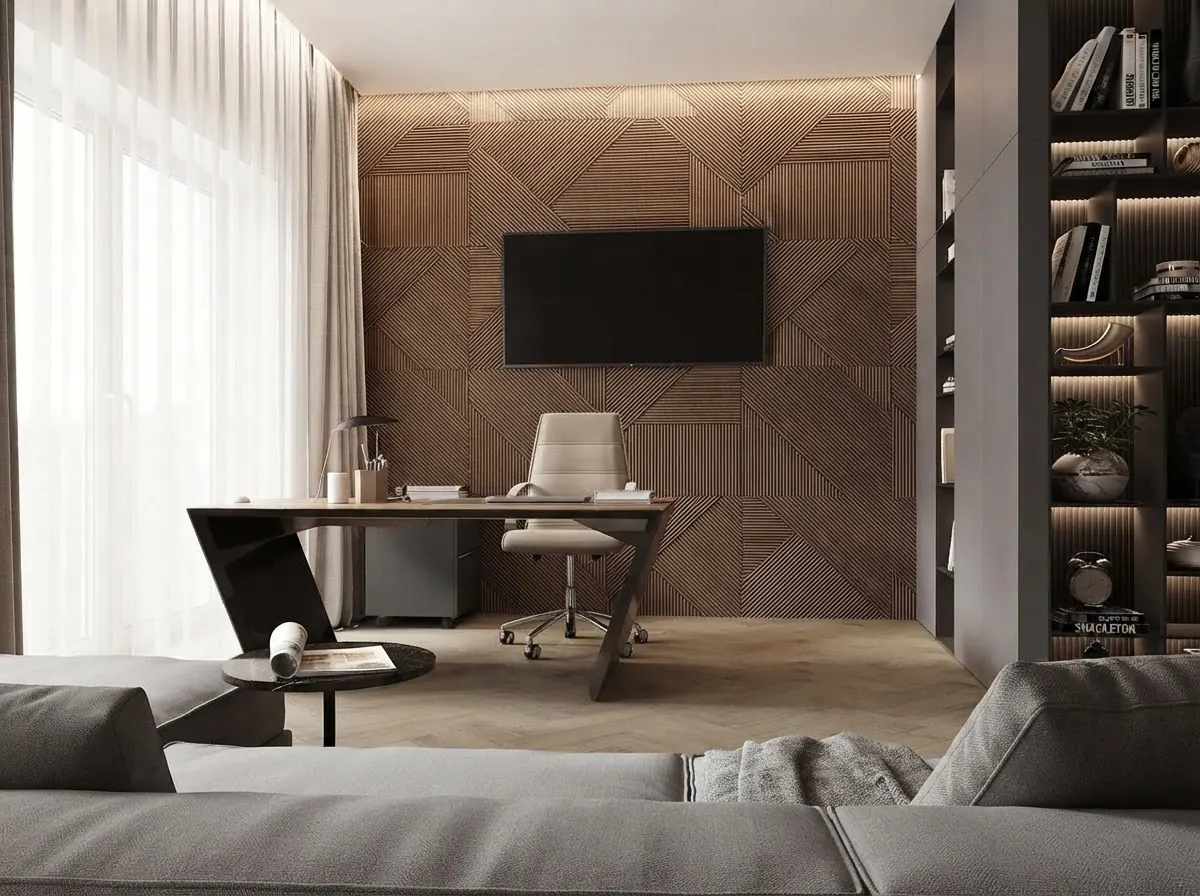 Executive office with a dark cantilevered desk, a cream leather desk chair, a wall mounted TV on chevron wood paneling and lit built-in bookshelves, seen past a gray sofa