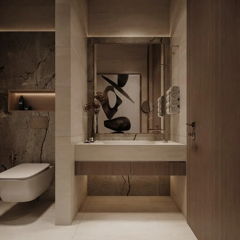 Hotel bathroom with a wall hung toilet, a floating stone vanity on a walnut drawer, an abstract black and cream artwork above the basin, rolled white towels on a rail and a marble wall with a lit niche