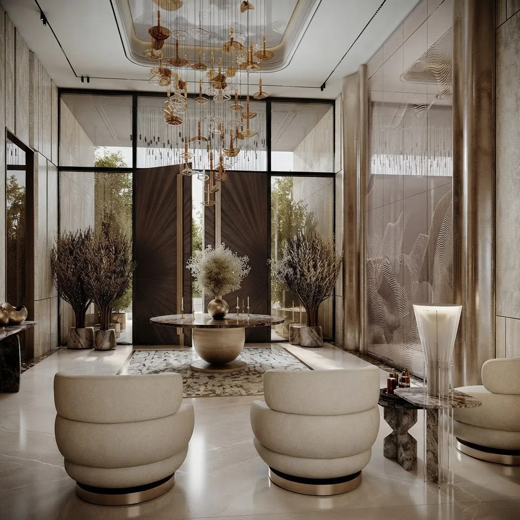 Hotel style entrance lobby with three cream swivel lounge chairs, a round marble center table, a brass chandelier, potted olive trees and a stone inlay rug on a marble floor