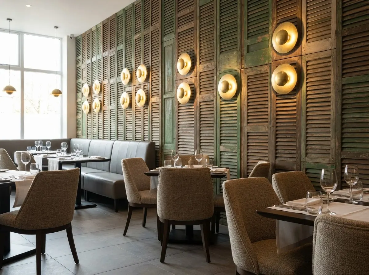 Restaurant dining room with upholstered taupe dining chairs, dark wood tables set with wine glasses, a gray leather banquette and round brass wall lights on a wall of old green and brown timber shutters