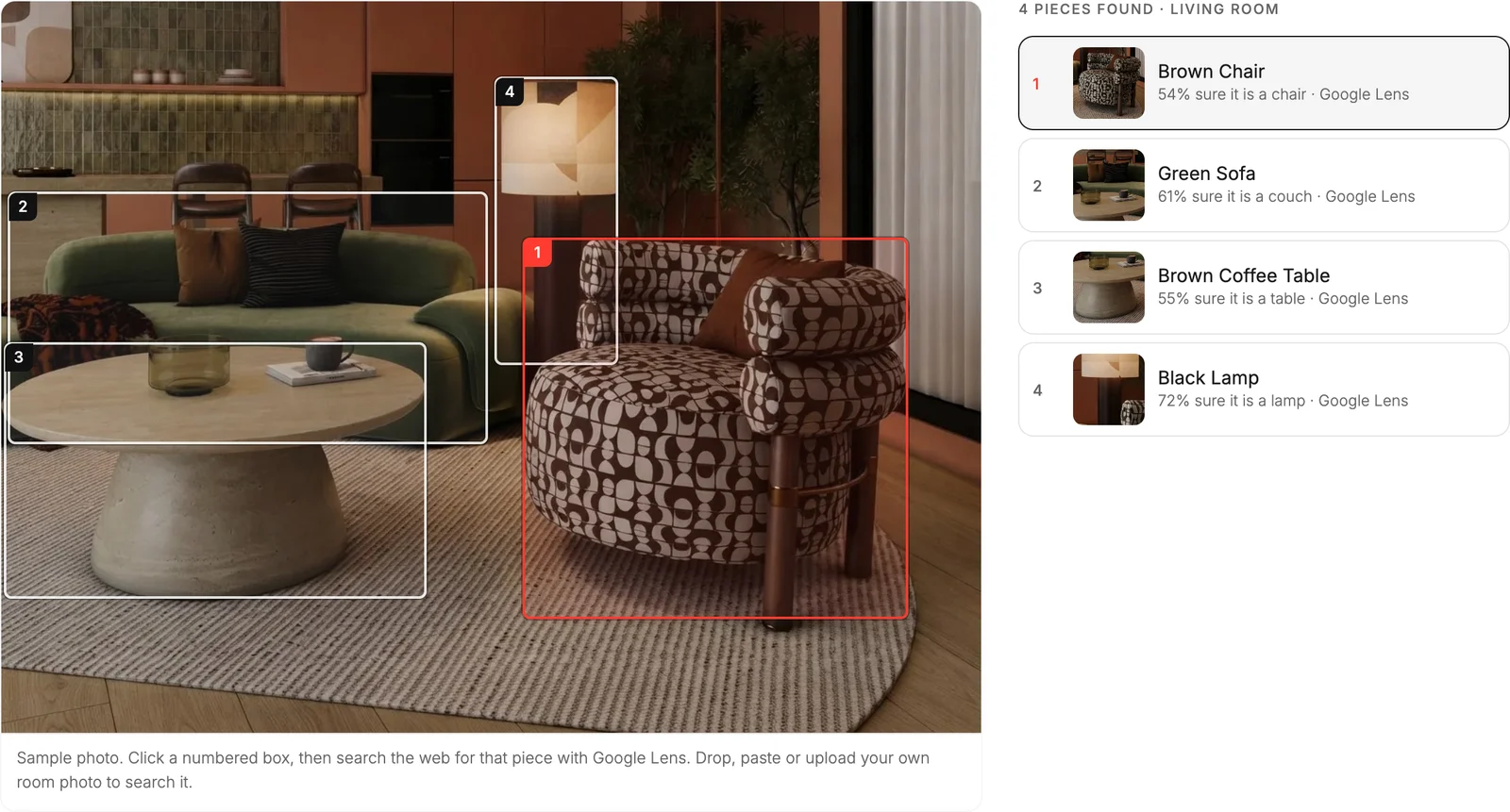 The MeltFlex furniture finder on a living room photo: numbered boxes around a patterned lounge chair, a green curved sofa, a round stone coffee table and a floor lamp, with a list on the right naming each piece with a confidence score and a Google Lens search