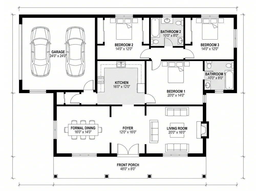 Dimensioned colonial house floor plan with a foyer, formal dining room, living room, separate kitchen, three bedrooms, two bathrooms, garage and front porch