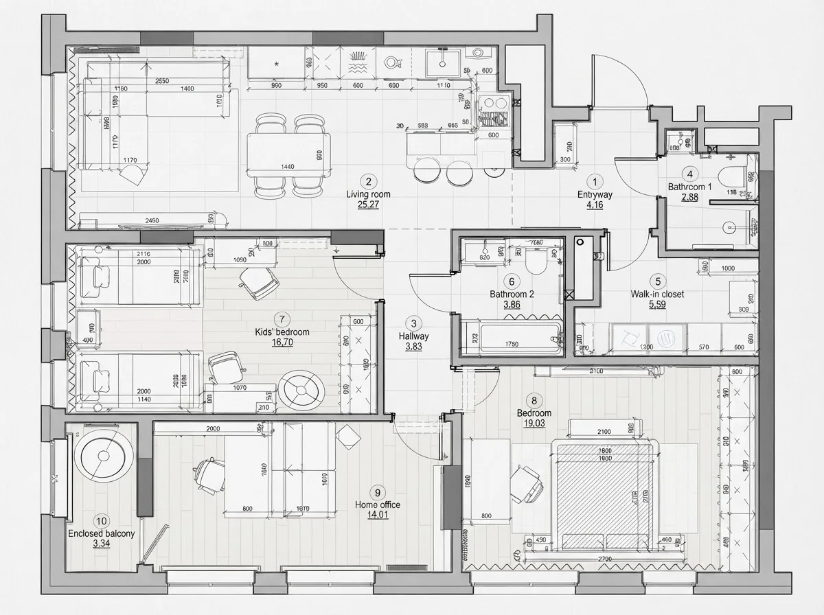 Black ink furnished plan of a four-room apartment with numbered rooms, a schedule of room areas, furniture at real size and dimension strings in millimetres along every wall