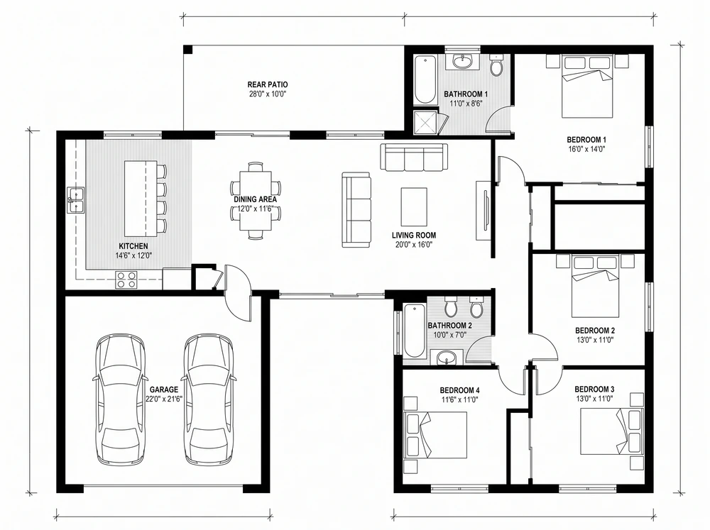 Dimensioned modern open-plan house floor plan with four bedrooms, two bathrooms, open kitchen, dining and living room, rear patio and a two-car garage