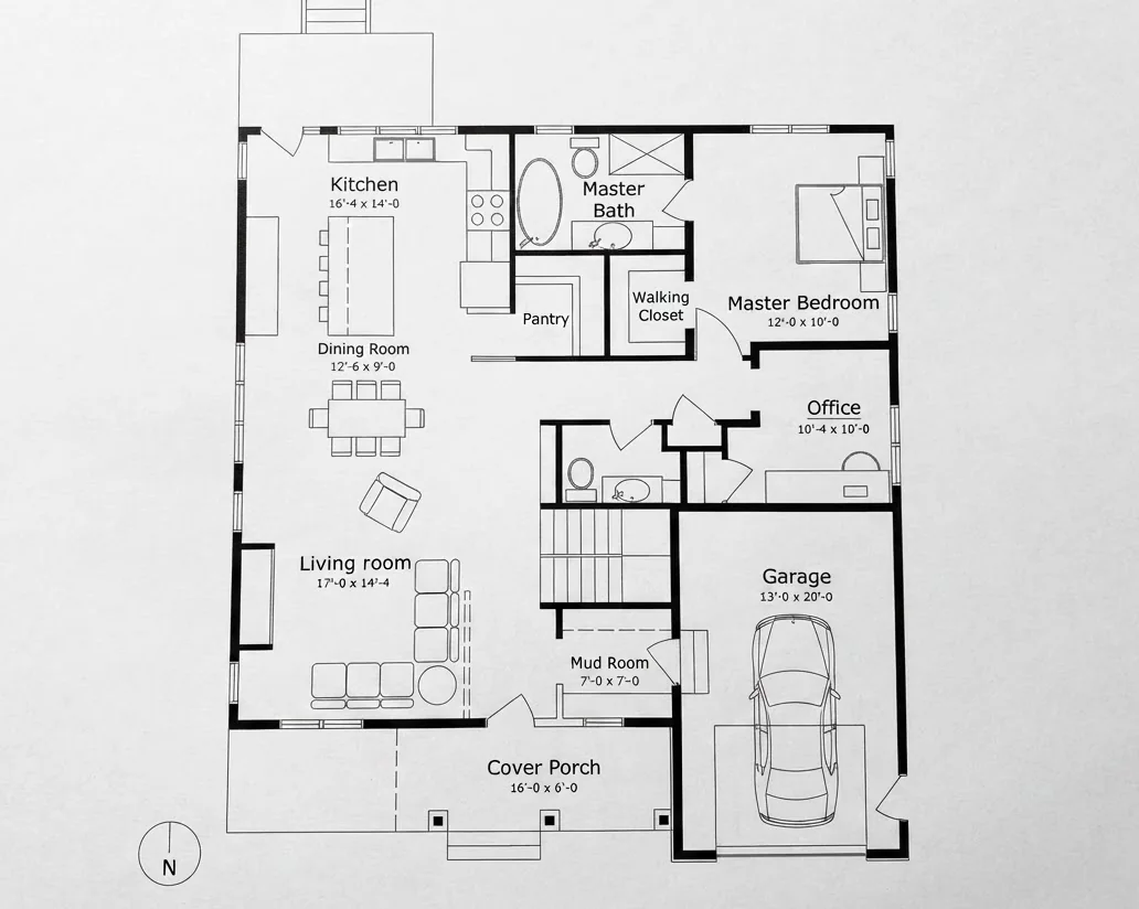 Black ink floor plan of a house with kitchen, dining, living room, master bedroom and bath, office, mud room, garage and covered porch, with room sizes in feet and a north arrow