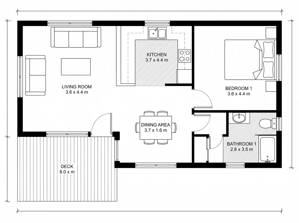 Dimensioned metric floor plan of a tiny house with a living room, kitchen, dining area, bedroom, bathroom and a deck, room sizes in metres