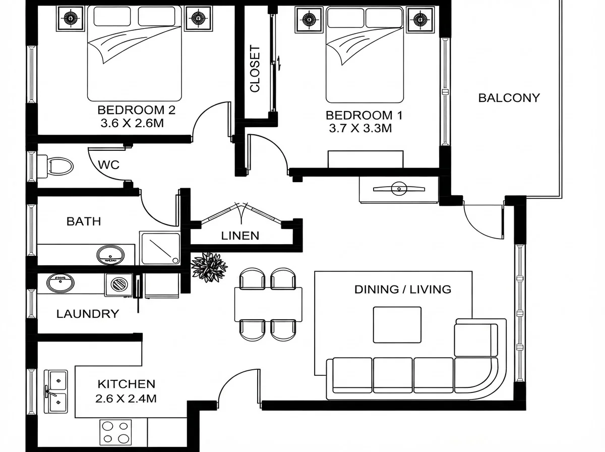 Black ink floor plan of a two-bedroom apartment with room sizes in metres, a balcony, laundry, bath and WC, the balcony door drawn as a slider