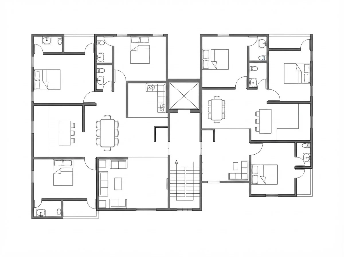 The same apartment building floor plan with furniture symbols drawn into every room